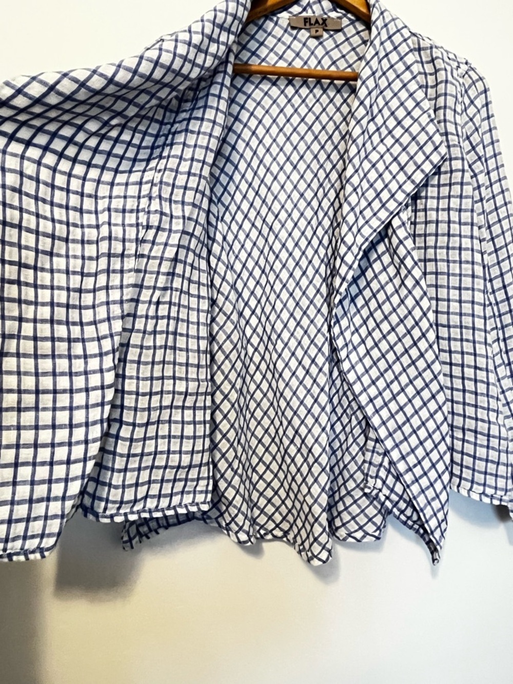 FLAX Linen Open Front Draped Cardigan Jacket Blue White Check Gauze Crop Petite - Picture 6 of 10